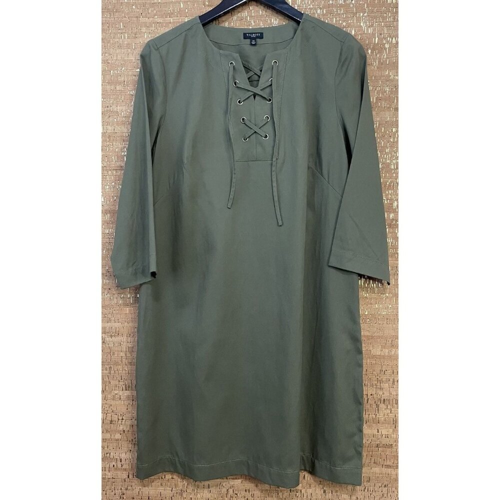 Talbots Size 14 Petite Olive Green Natural Lace Up Henley Dress 3/4 Sleeves